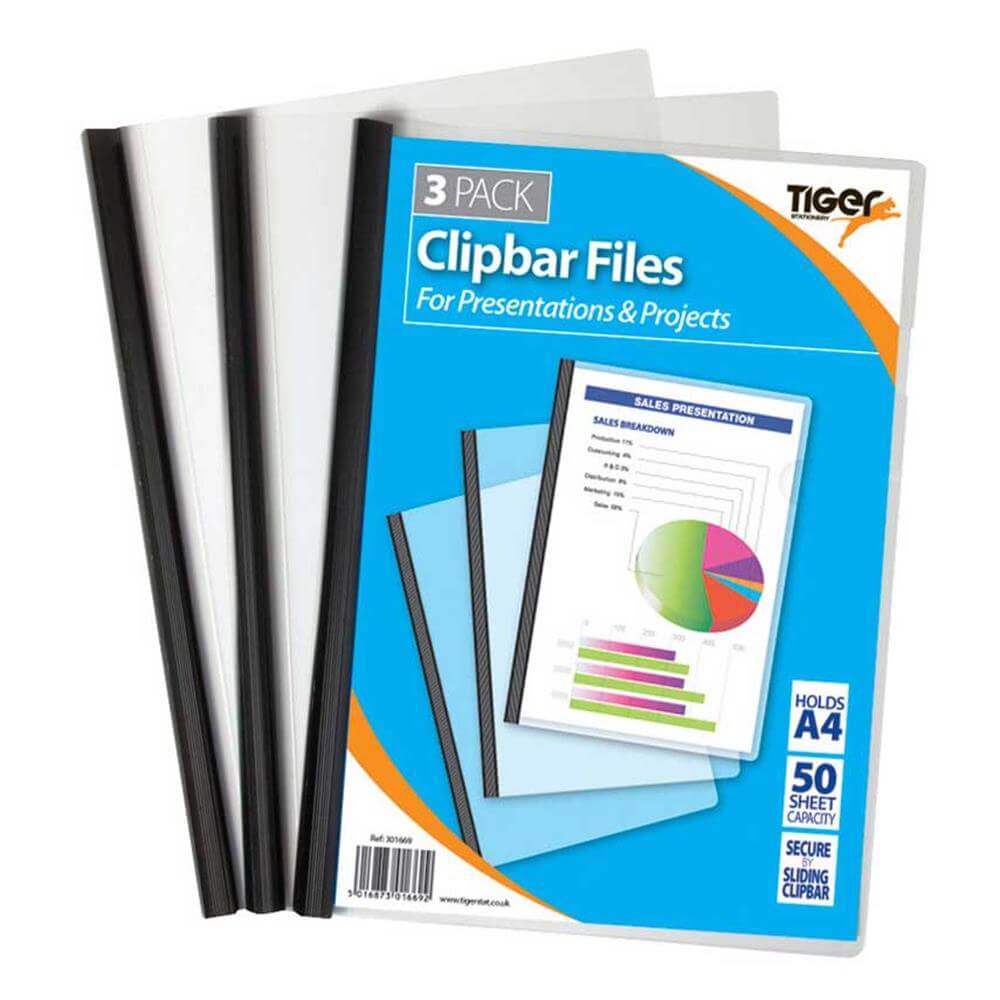 Tiger Stationery A4 Clipbar Files Pack of 3